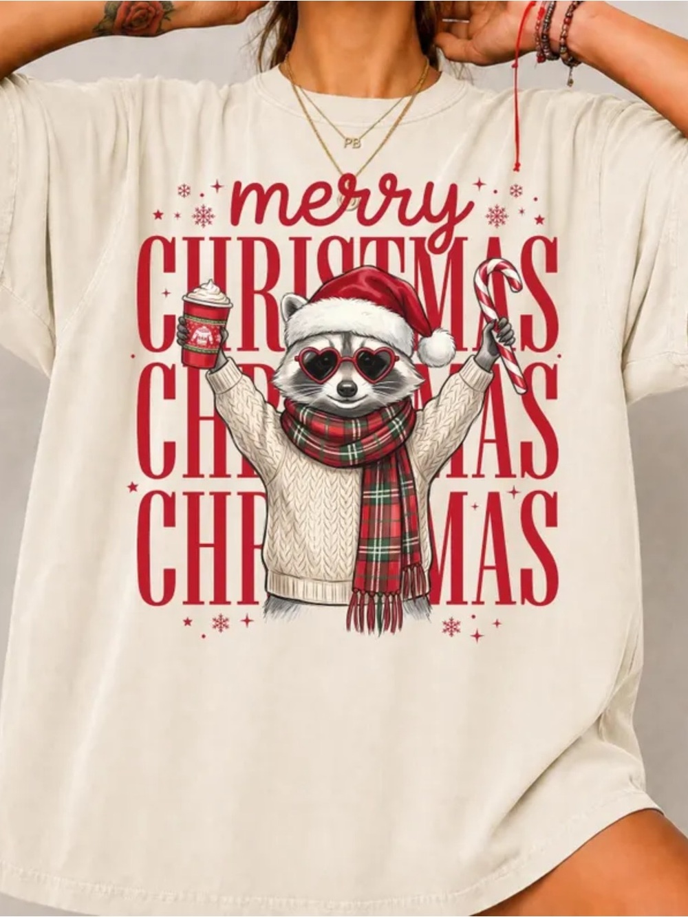 Comfort Colors Ivory Short Sleeve Tee with Festive Red Raccoon Graphic